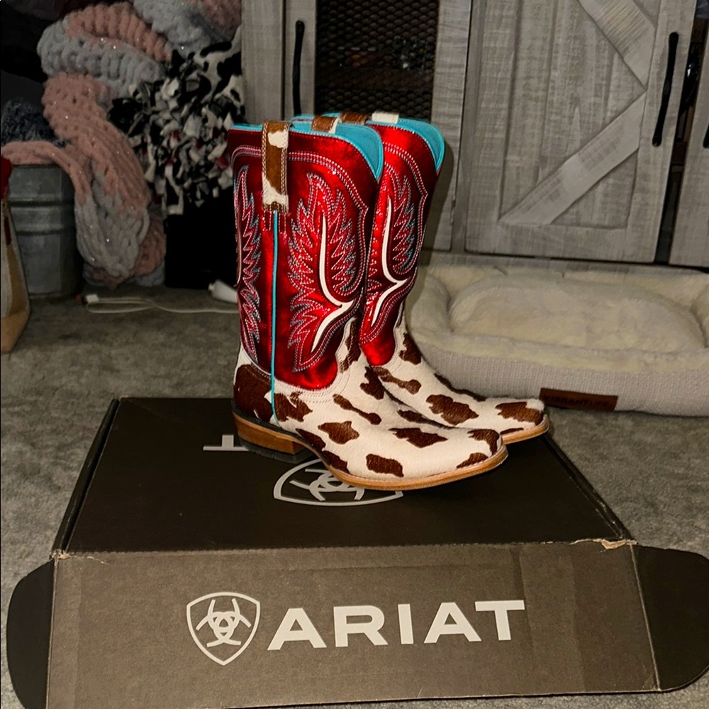 Ariat Western Boots with Cow Print and Vibrant Accents